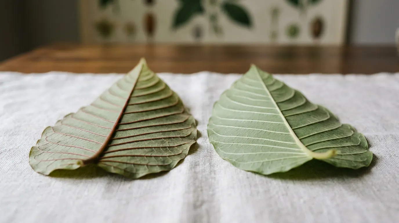 Zwei Kratomblätter mit roten und grün-weißen Blattadern