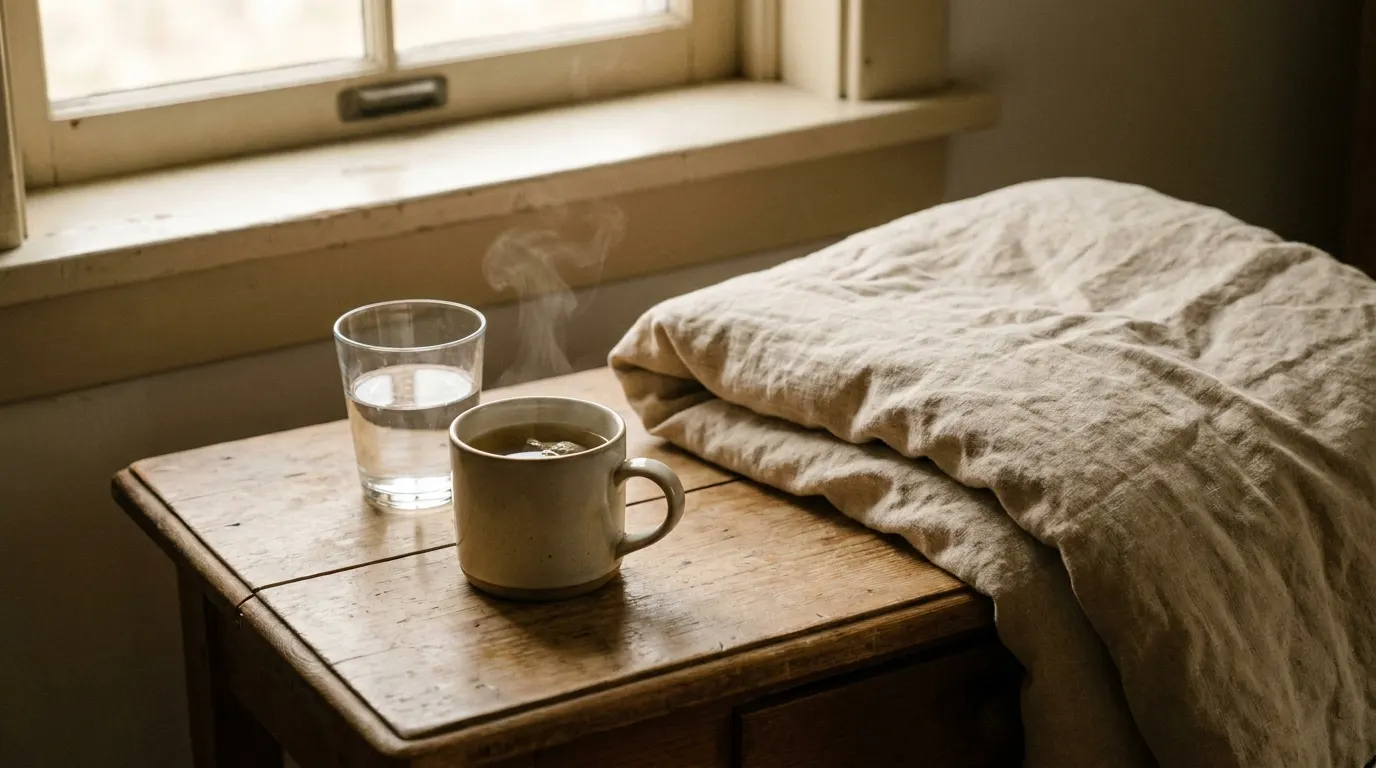 Wasserglas, Tasse Tee und Wolldecke auf einem Nachttisch im Morgenlicht