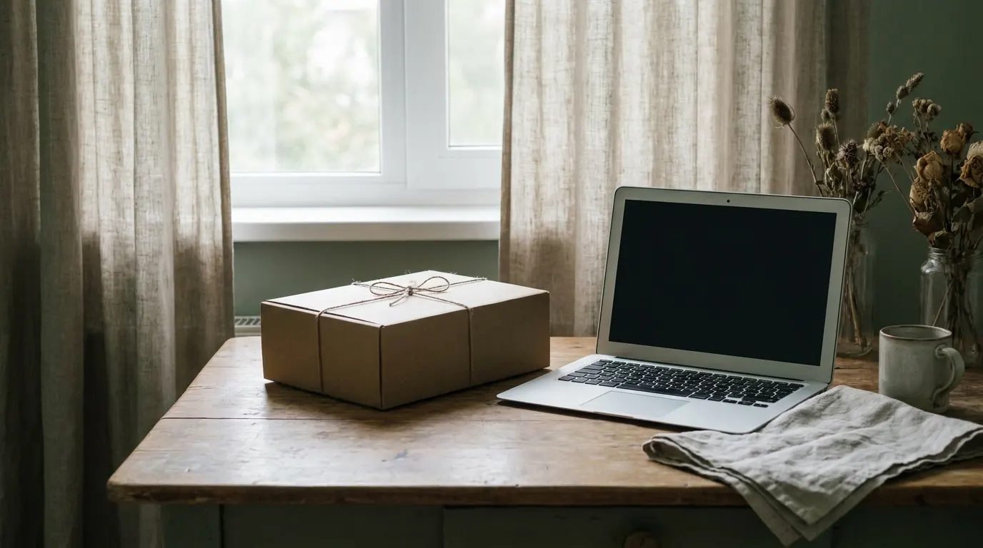 Verschnürtes Paket und aufgeklappter Laptop auf einem Holztisch am Fenster