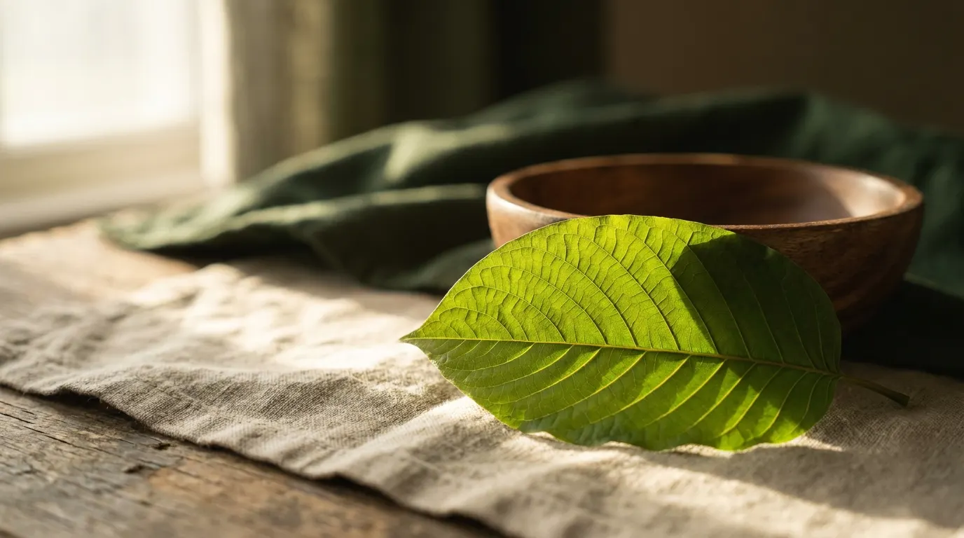 Frisches Kratomblatt im Gegenlicht auf einem Leinentuch