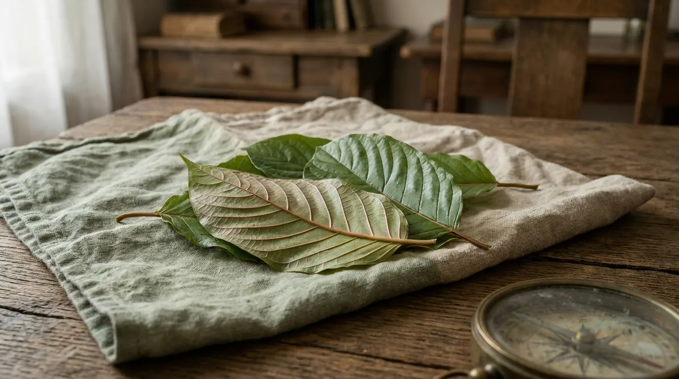 Frische Kratomblätter auf Leinen, daneben ein alter Kompass