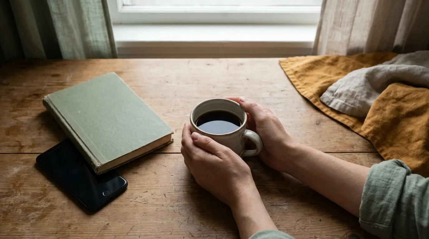 Hände halten eine Tasse Tee am Küchentisch