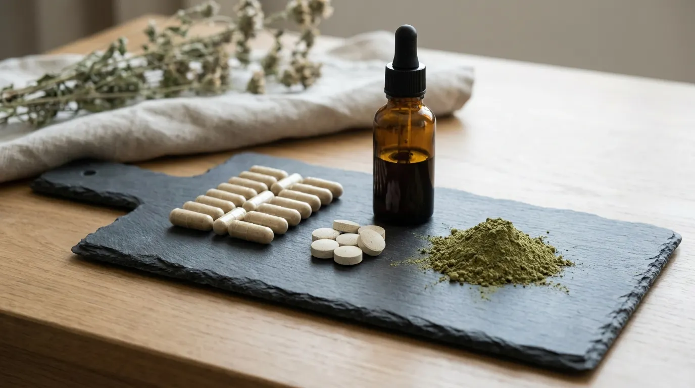 Kapseln, Tabletten und Extraktfläschchen neben grünem Pulver