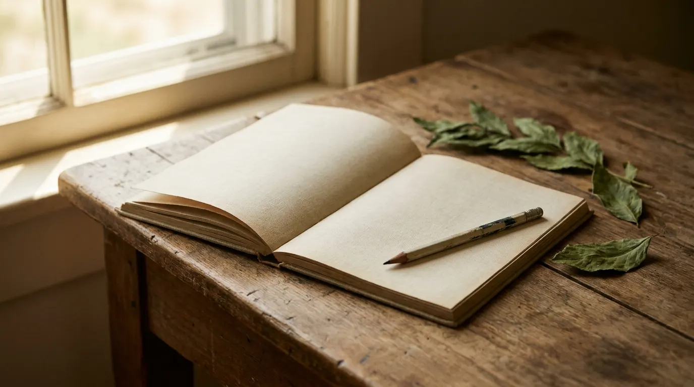 Aufgeschlagenes leeres Notizbuch mit Bleistift und getrockneten Blättern