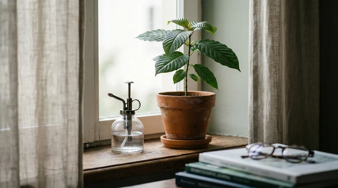 Junge Kratompflanze im Terrakottatopf auf der Fensterbank