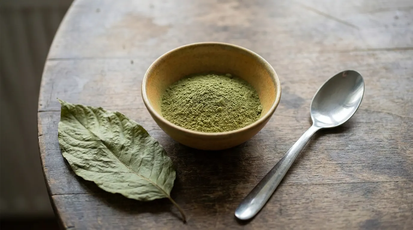 Grünes Kratom-Pulver in einer Keramikschale neben einem getrockneten Blatt