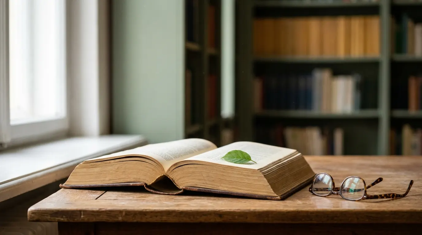 Aufgeschlagenes Gesetzbuch mit einem grünen Blatt