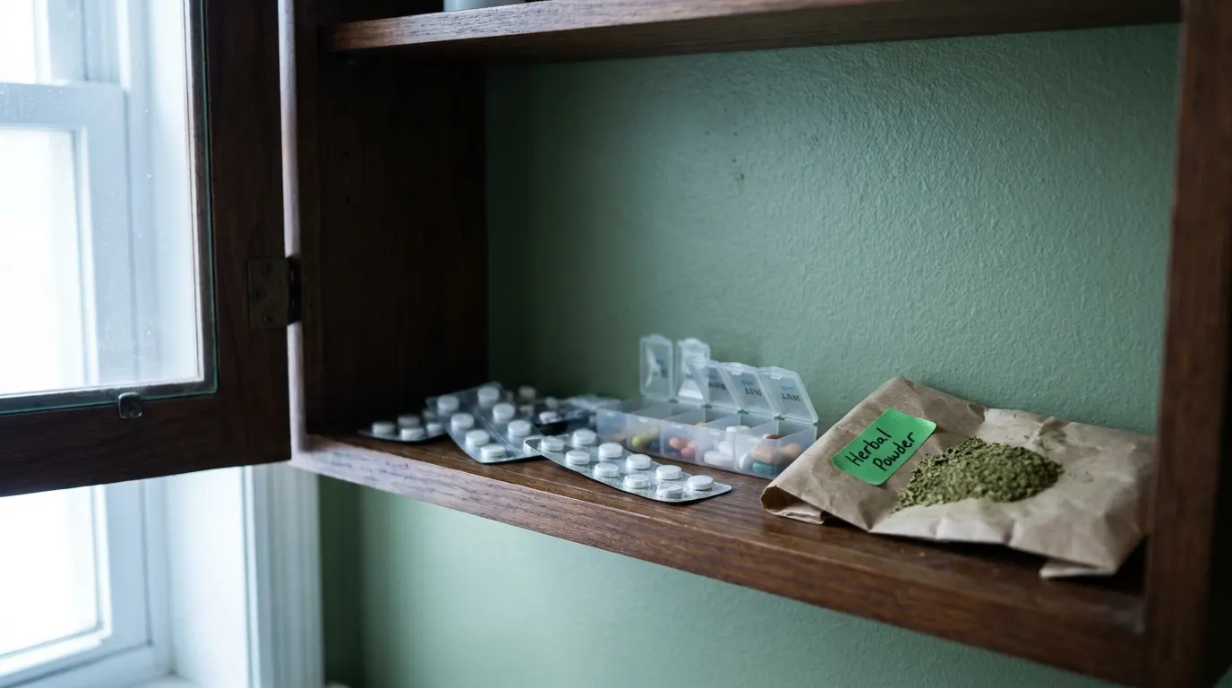 Medikamentenschrank mit Tabletten und einem Beutel Pflanzenpulver