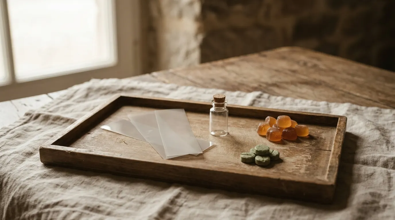 Holztablett mit dünnen Streifen, einem kleinen Glasfläschchen, Gummibonbons und grünen Tabletten