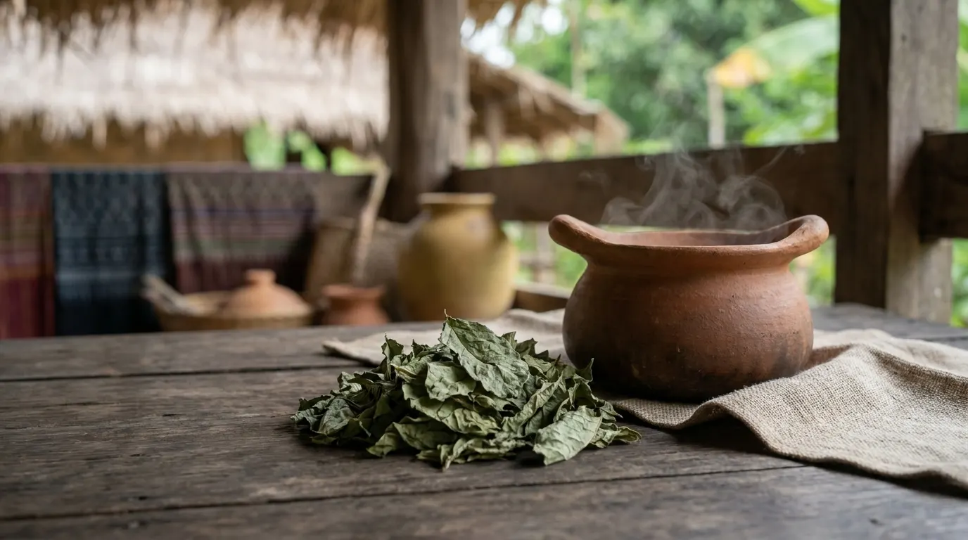 Getrocknete Kratomblätter und ein Tontopf auf einem rustikalen Tisch