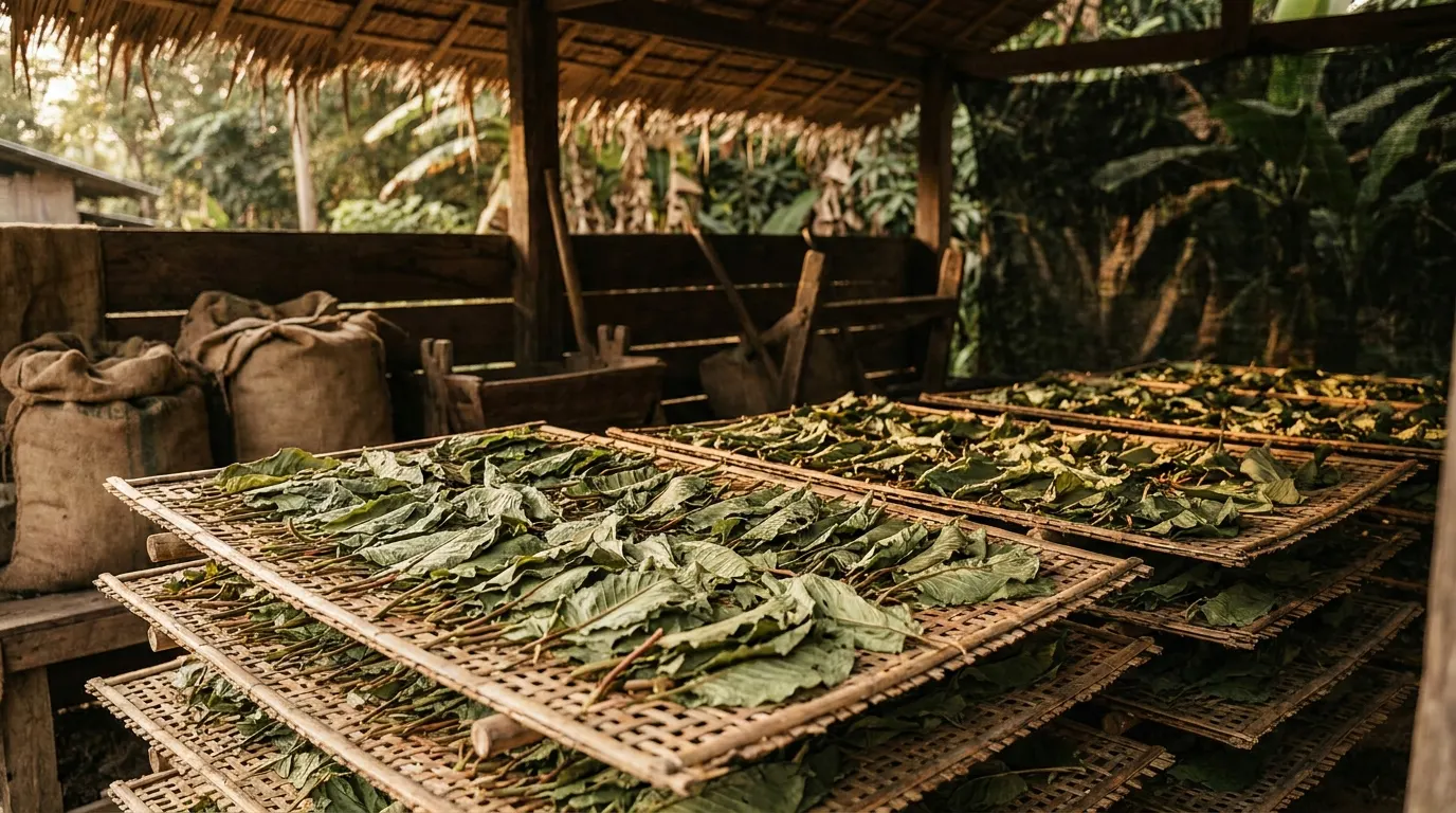 Kratomblätter trocknen auf Bambusgestellen in Südostasien